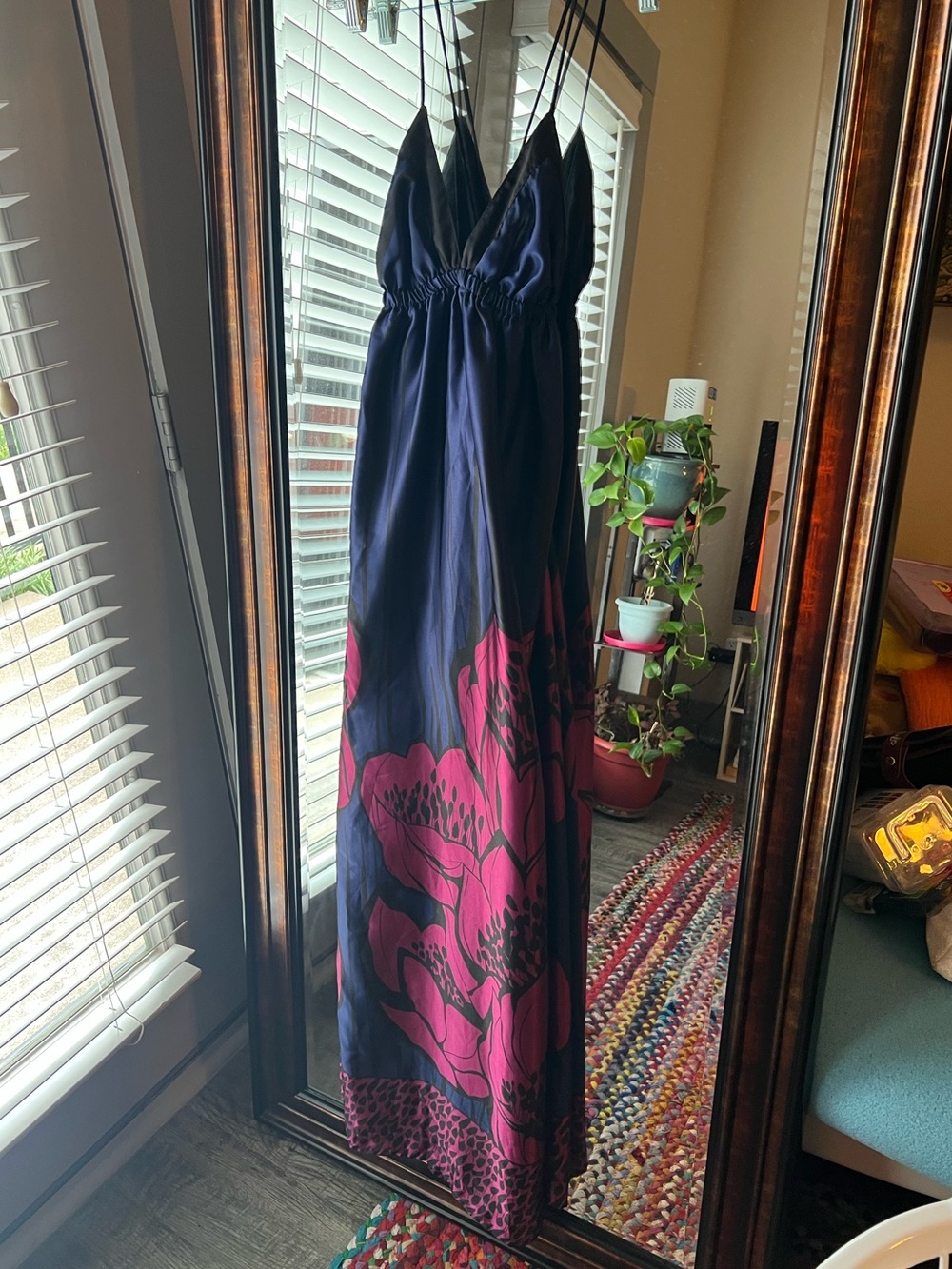 Navy blue maxi slip dress with magenta floral print